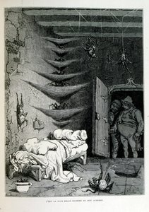 Croque-Mitain; 1863 illüstrasyonu, Gustave Dore (1832 – 1883); Fransız ressam, grafiker, illüstratör. Croque-Mitaine (Öcü), çocuklara onları korkutmak ve böylece daha akıllı hale getirmek için sunulan kötü niyetli bir karakter. by Gustave Dore