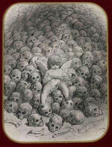""Aşk tanrısı, kafataslarından oluşan bir dağa oturmuş tabancayla silahlanmış"" (Kafatası Dağının Tepesinde Tabancalı Aşk Tanrısı) Gustave Dore (1832-1883) Özel koleksiyon by Gustave Dore