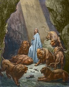 Daniel Aslan İnine atılır - Daniel Aslan İninde - Gustave Dore tarafından gravür - daha sonra boyama by Gustave Dore