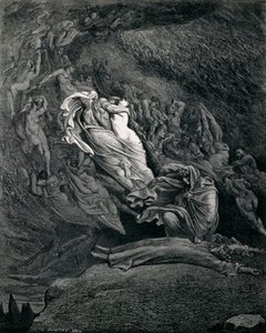Paolo ve Francesca ile Dante ve Virgil, Cehenneme İllüstrasyon, İlahi Komedyanın V. Kantosu, Dante Alighieri (1265-1321), Yazan Gustave Dore (1832-1883) by Gustave Dore