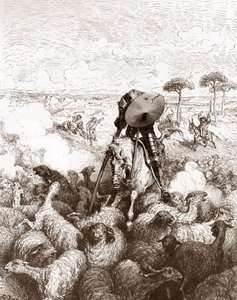 Don Kişot koyun sürüsüne saldırıyor Miguel de Cervantes'in "The Ingenieux Hidalgo Don Quixote de la Mancha (Quixotte - Quixote)" için Gustave Dore'un (1832-1883) gravürü (1547-1616) 1863 Özel koleksiyon by Gustave Dore