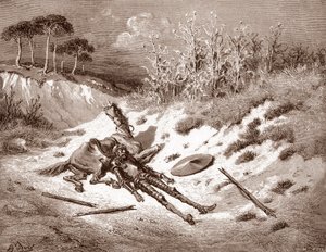 Don Kişot Dayak yedikten sonra Kişot ideal hanımı Dulcinea del Toboso'yu çağırır. "The Ingenieux Hidalgo Don Quixote de la Mancha (Quixotte - Quijote)", Miguel, Cervantes (1547-1616) için Gustave Dore'un (1832-1883) gravürü (1547-1616) 18 by Gustave Dore