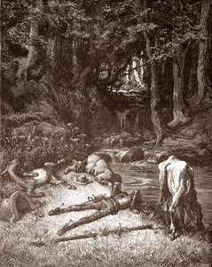 Don Kişot ve Sancho Panza, Miguel de Cervantes'in (1547-1616) “L'Ingenieux Hidalgo Don Quixote de la Manche (Quixotte - Quijote)” için Gustave Dore'un (1832-1883) gravürünü bir derede tazeliyor (1547-1616) 1863 Özel koleksiyon by Gustave Dore