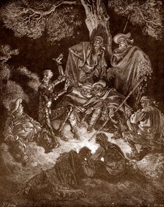 Don Kişot ve Sancho Panza keçi çobanlarıyla birlikte Miguel de Cervantes'in “L'Ingenieux Hidalgo Don Quixote de la Manche (Quixotte - Quijote)” için Gustave Dore (1832-1883) gravürü (1547-1616) 1863 Özel Koleksiyon by Gustave Dore