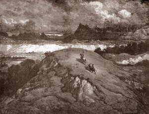 Don Kişot ve sancho Panza sierra morena'ya yaklaşırken Gustave Dore'un (1832-1883) “L'Ingenieux Hidalgo Don Quixote de la Manche (Quixotte - Quixote)” için gravürü, Miguel de Cervantes (1547-1616) 1863 Özel koleksiyon by Gustave Dore