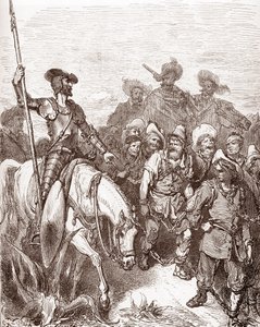 Don Kişot ve sancho Panza, kadırgalara götürülen suçluları sorguya çeker. Gravür, Gustave Dore (1832-1883), “L'Ingenieux Hidalgo Don Quixote de la Mancha (Quixotte - Quijote)”, Miguel de Cervantes (1547-1616) 1863 Özel Toplamak by Gustave Dore
