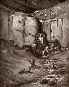Don Kişot ve sancho Panza bir şelale ve gürültülü kulübeler görüyor (Don Kişot ve sancho Panza bir şelale ve gürültülü kulübeler görüyor) Gustave Dore'nin (1832-1883) "The Ingenieux Hidalgo Don Quixote de la Mancha (Quixotte - Quijote)" için  by Gustave Dore