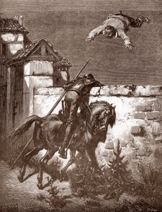 Don Kişot, Sancho Panca'nın bir battaniyenin üzerinde zıplamasına neden olan fırlatıcılarını durdurmayı başaramaz (Don Kişot'un itirazları fırlatıcıları etkilemez) “L'Ingenieux Hidalgo Don Kişot de la Mancha (Don Kişot”un itirazları fırlatıcıla by Gustave Dore