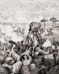 Koyun sürüsüne karşı savaşan Don Kişot, Die Gartenlaube, meyhaneden. 1905 by Gustave Dore