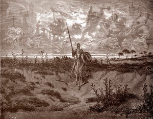 Don Kişot maceralarına atılıyor Miguel de Cervantes'in “L'Ingenieux Hidalgo Don Quixotte de la Manche (Quixotte - Quijote)” için Gustave Dore (1832-1883) gravürü (1547-1616) 1863 Özel koleksiyon by Gustave Dore