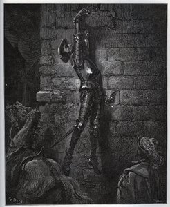 Hancının kızı ve Maritornes tarafından tuzağa düşürülen Don Kişot, bir pencereden asılı kalır. - Miguel Cervantes (1547-1616) tarafından “Don Kişot de la Mancha”dan (Don Kişot) - Gustave Dore tarafından çizildikten sonra gravür by Gustave Dore