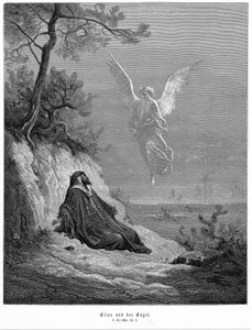 İlya çöle gider ve ölmek ister ama melek gelir ve ona 'Kalk ve ye' der. İncil 1 Krallar 19.5. Gustave Dore İncilinden 1865-1856. Ahşap oyma by Gustave Dore