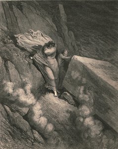 Derin uçurumdan, büyük bir anıtın kapağının arkasında emekli olduk, c1890. by Gustave Dore
