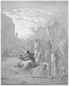 Gustave Dore Bible: Moses striking the rock in Horeb  by Gustave Dore