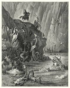 Gustave Dore'un Don Kişot'u: "Sonsuz sayıda vahşi ve korkunç yaratığın ileri geri hareket ettiği, kaynayan ziftten oluşan geniş bir göl" (gravür) by Gustave Dore