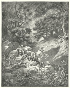 Gustave Dore'un Don Kişot'u: "Ama dua edin efendim," dedi Sancho, "bu kayalık vahşi doğada bir aşağı bir yukarı, çalılar ve çalılar arasında dolaşacağımızı söyleyen iyi bir şövalyelik kanunu mu?" (oymak) by Gustave Dore