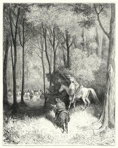 Gustave Dore'un Don Kişot'u: "Don Kişot, daha yakından bakıldığında kaliteli kişiler olduğuna karar verdiği bir şirketi tarif etti" (gravür) by Gustave Dore