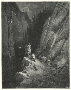 Gustave Dore'un Don Kişot'u: "Don Kişot, yeni maceralar umuduyla hırsını şımartabileceği bir yerde kendini bulmak için sevinçle taşındı" (gravür) by Gustave Dore