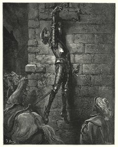 Gustave Dore'un Don Kişot'u: "Bileği ipe sağlam bir şekilde bağlanmamış olsaydı, kaçınılmaz olarak yere düşmüştü" (gravür) by Gustave Dore