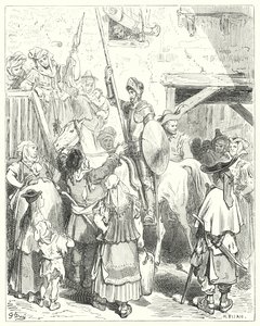Gustave Dore'un Don Kişot'u: "Bütün bunlarla hiçbir ilgim yok," diye haykırdı hancı; "hesabını öde" (gravür) by Gustave Dore