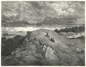 Gustave Dore'un Don Kişot'u: "İki yolcumuzun dağın en çöl kısmına varmadan önce geceydi" (gravür) by Gustave Dore