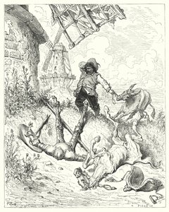 Gustave Dore'un Don Kişot'u: "Sancho, efendisine yardım etmek için kıçının sürebildiği kadar hızlı koştu" (gravür) by Gustave Dore