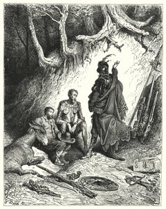 Gustave Dore'un Don Kişot'u: "Yaverler Don Kişot, Roque ve Sancho'yu dönüşlerini beklemeleri için bıraktılar" (gravür) by Gustave Dore