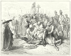 Gustave Dore'un Don Kişot'u: "Beyefendinin sesinin acıklı vurgusu sonunda Don Kişot'u kendine çağırdı" (gravür) by Gustave Dore