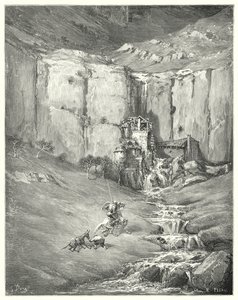 Gustave Dore'un Don Kişot'u: "Yaklaştıklarında, sabırlı Rozinante'nin kendisi bile korkunç sese başladı" (gravür) by Gustave Dore