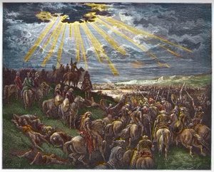 Joshua, Güneşe Hareketsiz Kalmasını Emrediyor - Josue arrete le soleil - Gustave Dore (1832-1883) tarafından yazılan “The Bible illustree” gravürü - “The Dore Bible” dan gravür by Gustave Dore