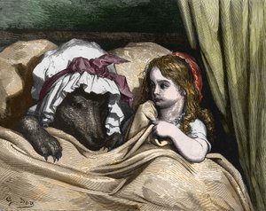 Kırmızı Başlıklı Kız ve Kurt, Büyükanneden hoşlanmazlar. Gustave Dore