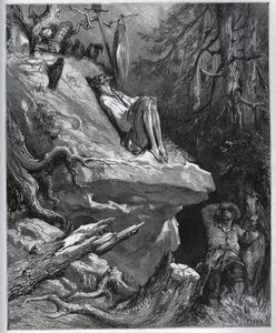 Sancho Panza efendisini her zaman pişmanlık içinde bulur - Miguel Cervantes (1547-1616) (Don Kişot) tarafından “” Don Kişot de la Mancha” dan - Gustave Dore tarafından çizildikten sonra gravür by Gustave Dore