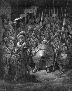 Sancho ve Şövalyeler, Miguel Cervantes tarafından 'Don Kişot de la Mancha'dan, Heliodore Joseph Pisan tarafından kazınmış, c.1875 by Gustave Dore