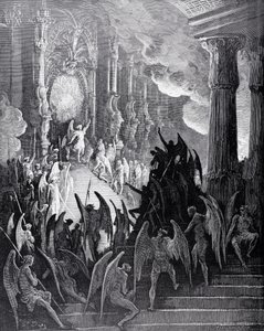 Konseyde Şeytan, John Milton'ın (1608-74) 'Kayıp Cennet'in I. Kitabından stephane Pannemaker (1847-1930) tarafından kazınmış, c.1868 by Gustave Dore