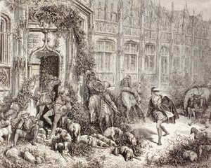 Charles Perrault imzalı Uyuyan Güzel filminden bir sahne. 1880 dolaylarında Barselona'da yayınlanan El Mundo Ilustrado'dan. by Gustave Dore
