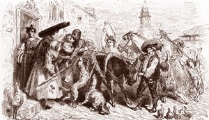 Hırpalanmış Kişot eve geliyor Miguel de Cervantes'in “L'Ingenieux Hidalgo Don Quixote de la Manche (Quixotte - Quijote)” için Gustave Dore (1832-1883) gravürü (1547-1616) 1863 Özel koleksiyon by Gustave Dore