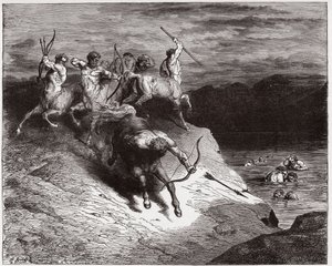 İlahi Komedya (La Divina Commedia, La Divine Comedie), Cehennem, Kanto 12: Centaurlar kaynayan kanla ruhlara saldırır - Dante Alighieri (1265-1321) - Çizim Gustave Dore (1832-1883) by Gustave Dore