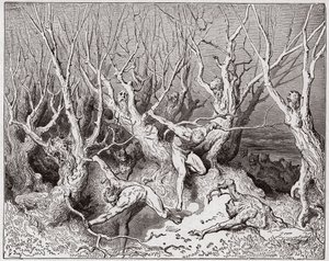 İlahi Komedya (La Divina Commedia, La Divine Comedie), Cehennem, Canto 13: İntiharlar ormandan kaçar - Dante Alighieri (1265-1321) - Çizim Gustave Dore (1832-1883) by Gustave Dore