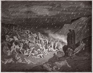 İlahi Komedya (La Divina Commedia, La Divine Comedie), Cehennem, Canto 14: Şiddetli, ateş yağmurunda işkence gören - Dante Alighieri (1265-1321) - Çizim Gustave Dore (1832-1883) by Gustave Dore