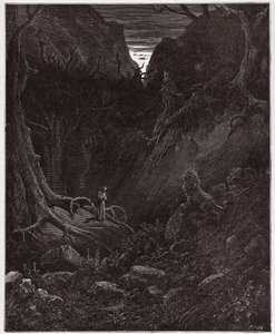 İlahi Komedya (La Divina Commedia, La Divine Comedie), Cehennem, Canto 1: Aslan aniden Dante ile yüzleşir - Dante Alighieri (1265-1321) - Çizim Gustave Dore (1832-1883) by Gustave Dore