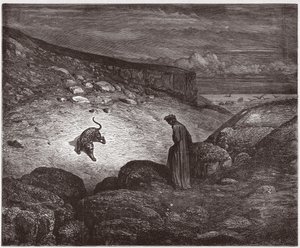 İlahi Komedya (La Divina Commedia, La Divine Comedie), Cehennem, Canto 1: Yükselişin başlangıcındaki panter - Dante Alighieri (1265-1321) - Çizim Gustave Dore (1832-1883) by Gustave Dore