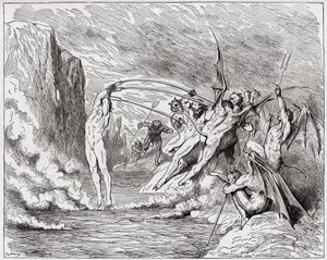 İlahi Komedya (La Divina Commedia, La Divine Comedie), Cehennem, Canto 21: Şeytanlar barratörlere eziyet ediyor - Dante Alighieri (1265-1321) - Çizim Gustave Dore (1832-1883) by Gustave Dore