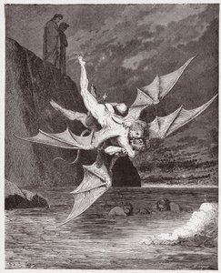 İlahi Komedya (La Divina Commedia, La Divine Comedie), Cehennem, Canto 22: Alichino ve Calcabrina sahanın üzerinde boğuşuyor - Dante Alighieri (1265-1321) - Çizim Gustave Dore (1832-1883) by Gustave Dore