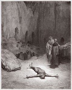 İlahi Komedya (La Divina Commedia, La Divine Comedie), Cehennem, Kanto 23: İkiyüzlüler arasında çarmıha gerilmiş bir Ferisi - Dante Alighieri (1265-1321) - Çizim Gustave Dore (1832-1883) by Gustave Dore