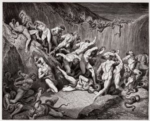 İlahi Komedya (La Divina Commedia, La Divine Comedie), Cehennem, Canto 24: Yılanlar tarafından işkence gören hırsızlar - Dante Alighieri (1265-1321) - Gustave Dore tarafından yapılan illüstrasyon (1832-1883) by Gustave Dore