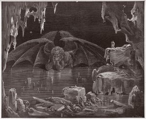 İlahi Komedya (La Divina Commedia, La Divine Comedie), Cehennem, Canto 34: Lucifer, Cehennemin Kralı, buzda donmuş - Dante Alighieri (1265-1321) - Çizim Gustave Dore (1832-1883) by Gustave Dore