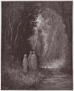 İlahi Komedya (La Divina Commedia, La Divine Comedie), Purgatorio, Canto 28: Karasal cennetin eski ormanında Dante, Virgil ve Statius - Dante Alighieri (1265-1321) - Çizim Gustave Dore (1832-1883) ) by Gustave Dore
