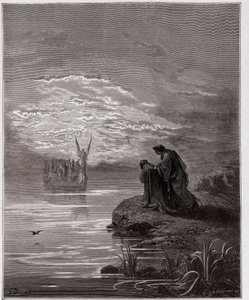 İlahi Komedya (La Divina Commedia, La Divine Comedie), Araf, Canto 2: Dante melek pilotun önünde eğiliyor - Dante Alighieri (1265-1321) - Çizim Gustave Dore (1832-1883) by Gustave Dore