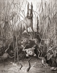 Tavşan ve Kurbağalar, 19. yüzyıl sonlarında Fables de La Fontaine baskısından (ahşap gravür)