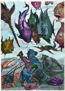 Atının üzerindeki baron deniz dibindeki balıkları geçiyor. Rudolph Erich Raspe